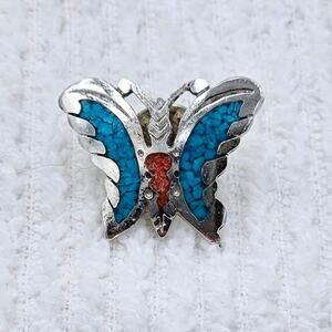 1970s Sterling Silver Butterfly Pin Crushed Turquoise Coral SOUTHWESTERN